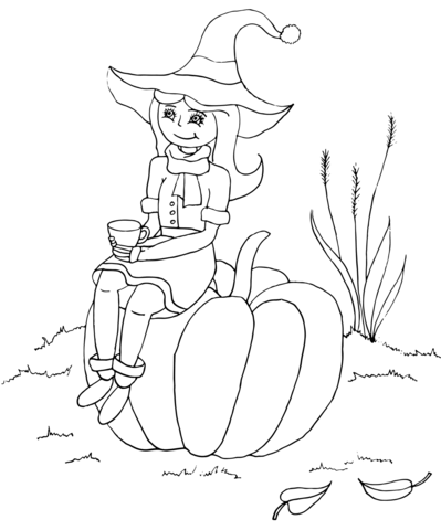 Halloween Witch Sitting On A Pumpkin Coloring Page